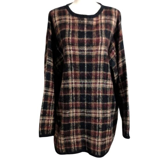 Vintage Mohair Blend Plaid Sweater XL Brown Oversized Boxy Academia Grandpa 80s - Picture 11 of 16